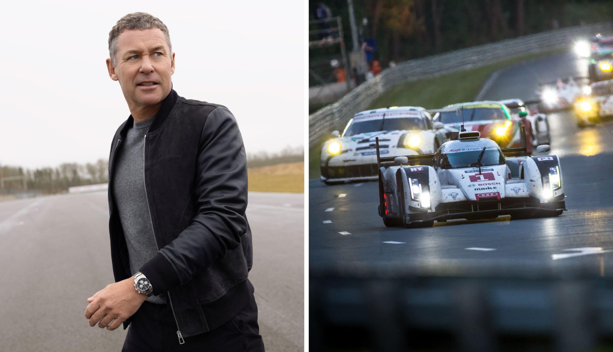 null Racecar driver Tom Kristensen walks across the track wearing a black jacket and Rolex Daytona.